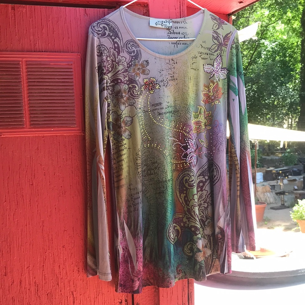 Purple Green Graphic Long Sleeve Blouse